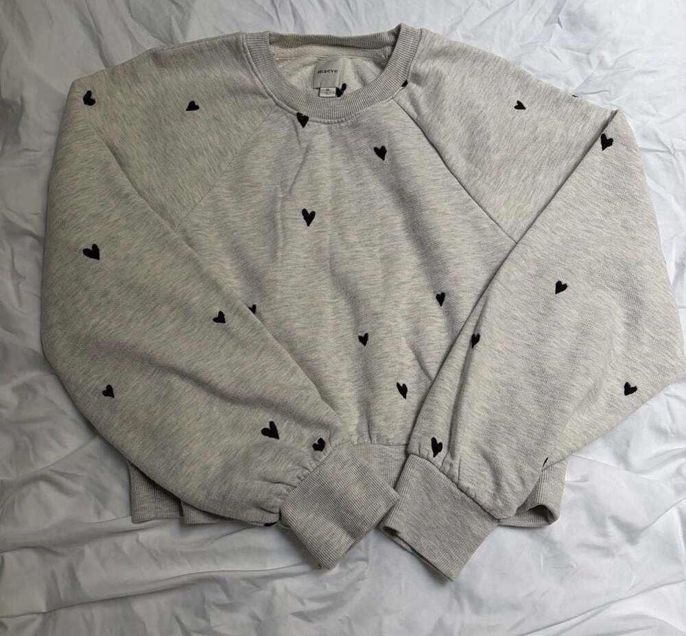 Maeve Heather Grey Black Embroidered Hearts Crew Neck Sweatshirt size M